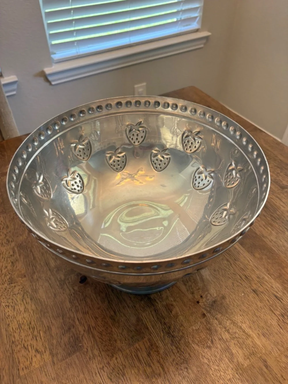 Vintage Large Deep Aluminum Textured Strawberry Fruit Salad Serving Bowl